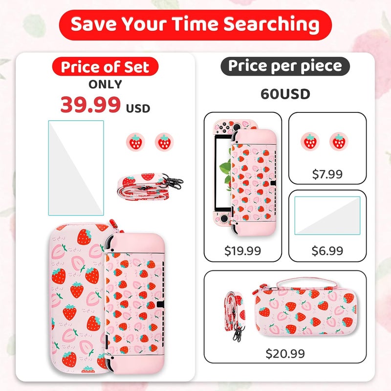 F'DIARY Pink Strawberry Travel Carrying Case for Nintendo Switch OLED, Portable Accessories Kit with Shouckproof Storage Bag, Soft TPU Protective Case, Screen Protector, Shoulder Strap & 2 Thumb Caps - Image 4